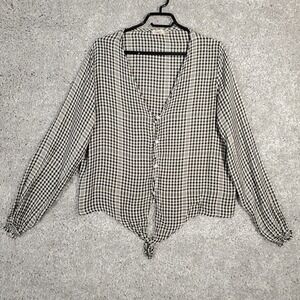 Faherty Womens Plaid Tie Front Blouse‎ Size Medium Black White Preppy Classic